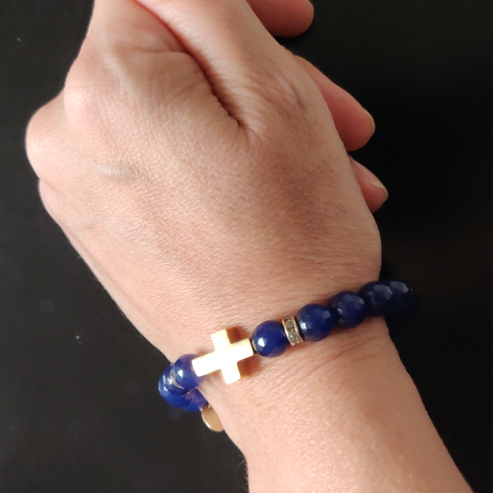 Faceted Dark Blue Agate Beaded Stretch Bracelet